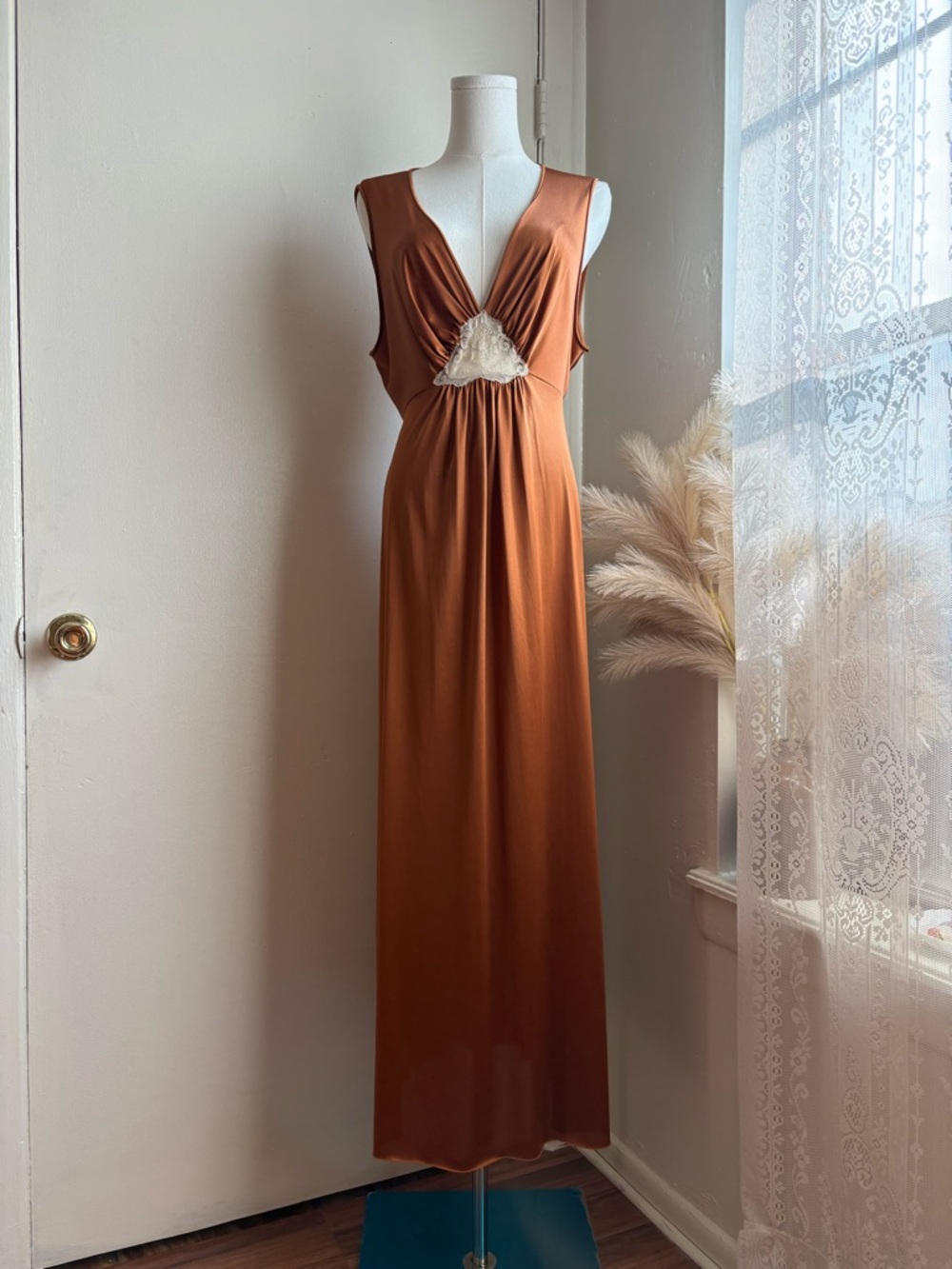 vintage 60s 50s Vanity Fair brown lace sleeveless maxi slip dress